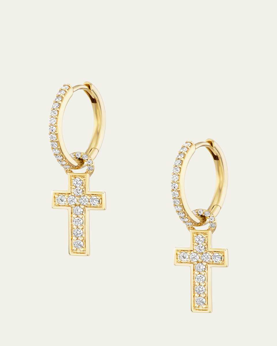 14K Yellow Gold Diamond Cross Charm Huggie Earrings